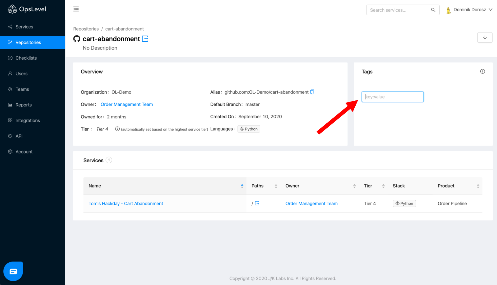 OpsLevel Create Tags Field