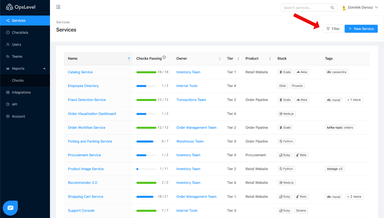 OpsLevel Filter Services by Tags