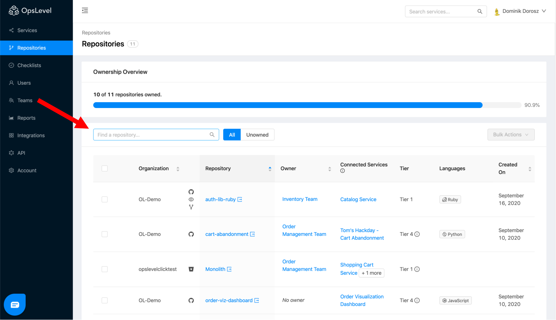 OpsLevel Repositories Search by Tags