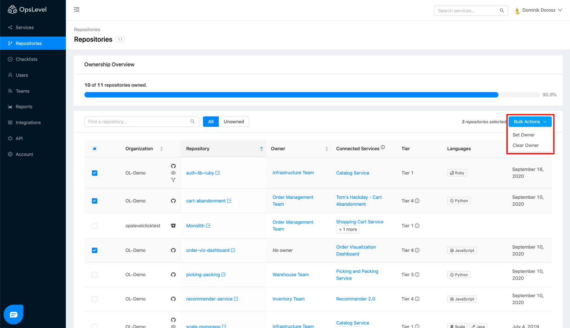Repositories Bulk Action Options