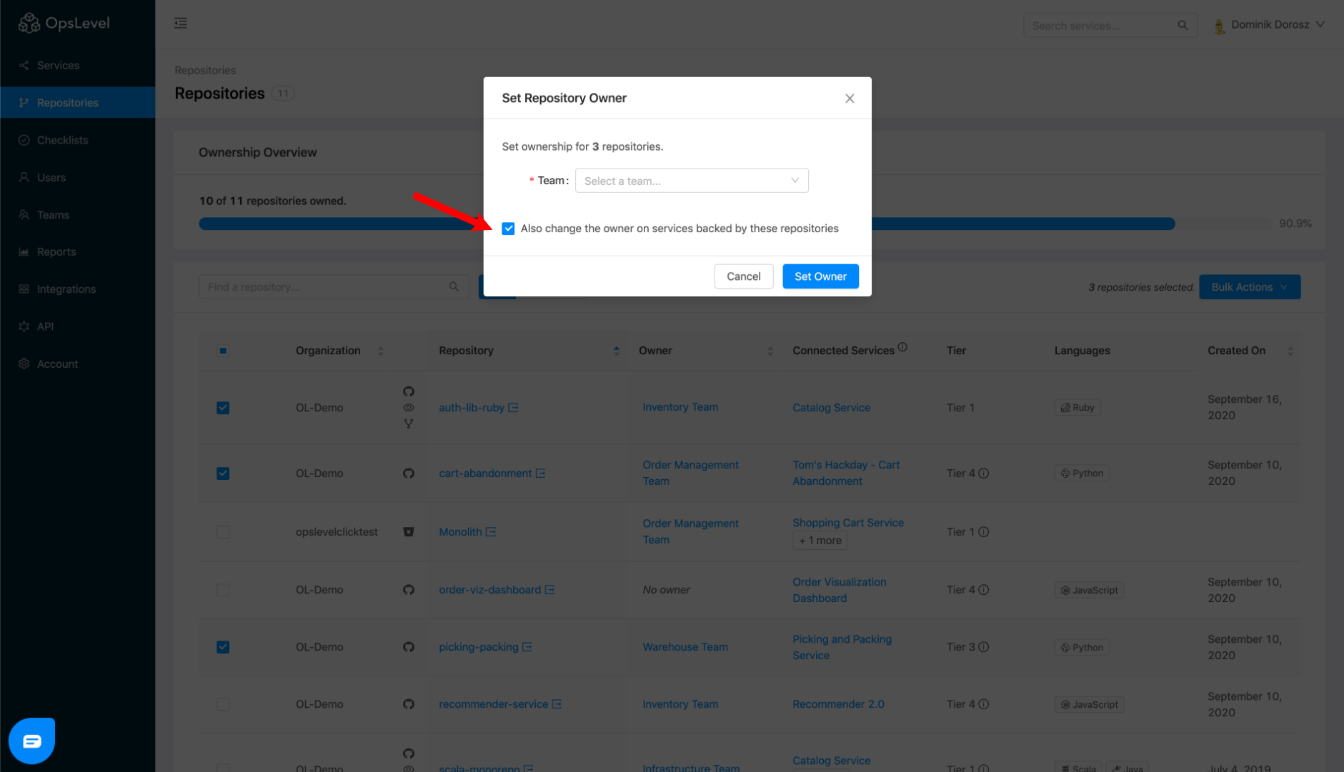 Repositories Bulk Modal Service Owner Sync