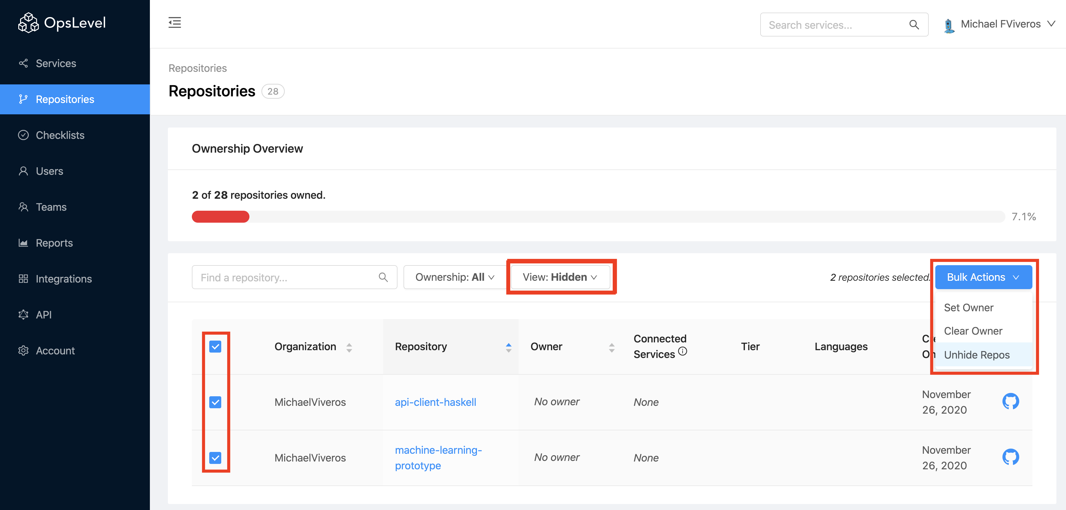 Repository Visibility Bulk Action Unhide